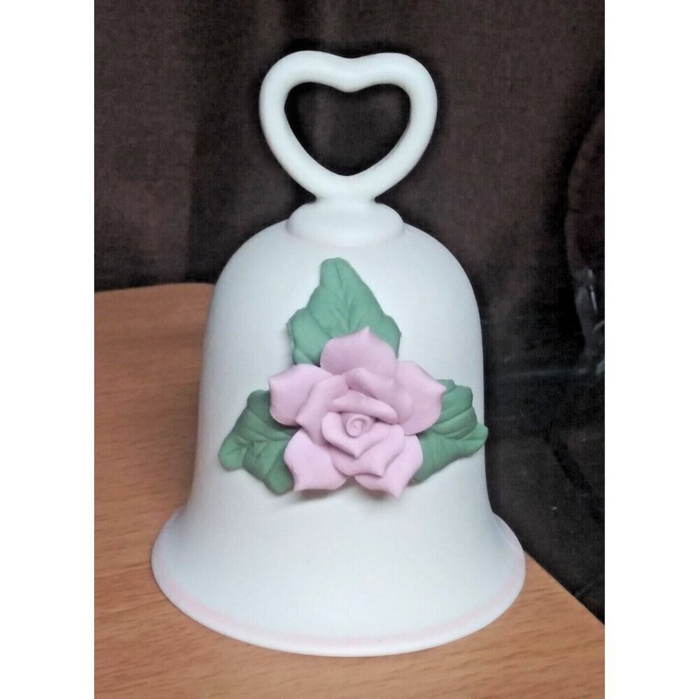 VTG dinner Bell Bisque Porcelain 3D Pink Rose Green leaves Taiwan 1980s RARE EUC